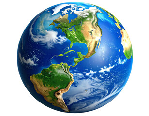 Realistic Render of Planet Earth Showing the Americas, Transparent Background