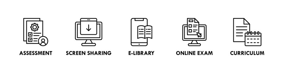 Online Course banner web icon illustration concept with icon of assessment, screen sharing, e library, online exam, and curriculum