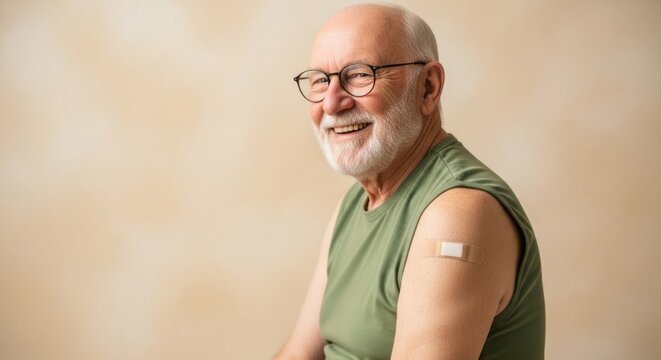 Elderly man with vaccination bandage on his arm smiling