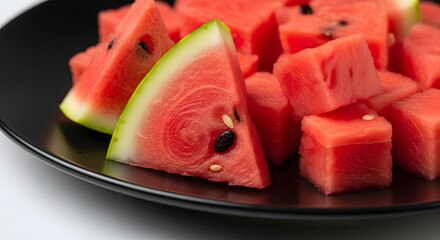 Fresh Watermelon Cubes on Black Plate Black Background
