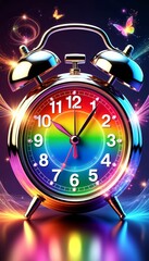  Vibrant Alarm Clock with Rainbow Dial and Sparkling Butterflies Against a Cosmic Background