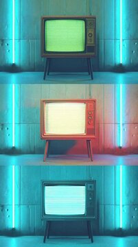 three divided vertical composition frames of 3 antique classic televisions, 3d render vintage retrospect music video dynamic animated mockup, electric blue lighting, cinematic reel graphic element