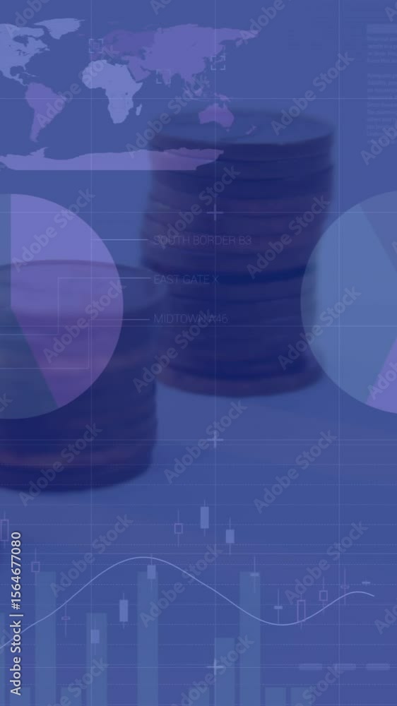 Poster animation of financial data processing and statistics recording over stacks of coins