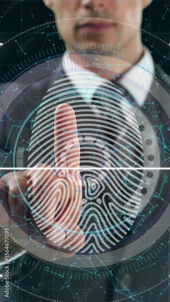 Poster animation of scope scanning and biometric fingerprint with businessman touching interactive screen