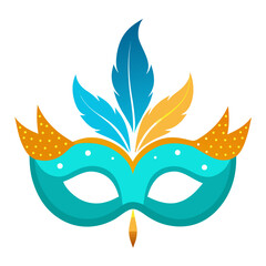 Obraz premium Turquoise masquerade mask with blue and orange feathers and gold accents