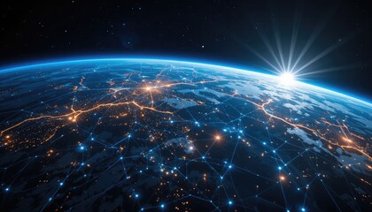 Earth network glowing lights sunrise space