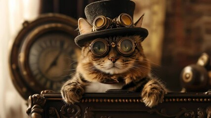 Funny steampunk cat wearing vintage hat and goggles sitting on chair with clock in background and warm light - Powered by Adobe