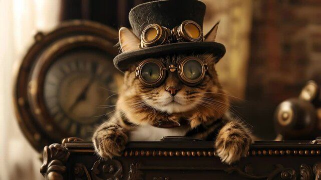 Funny steampunk cat wearing vintage hat and goggles sitting on chair with clock in background and warm light