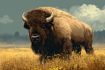 Illustration of buffalo in park national park. Bison tell ten yell day on 2nd September