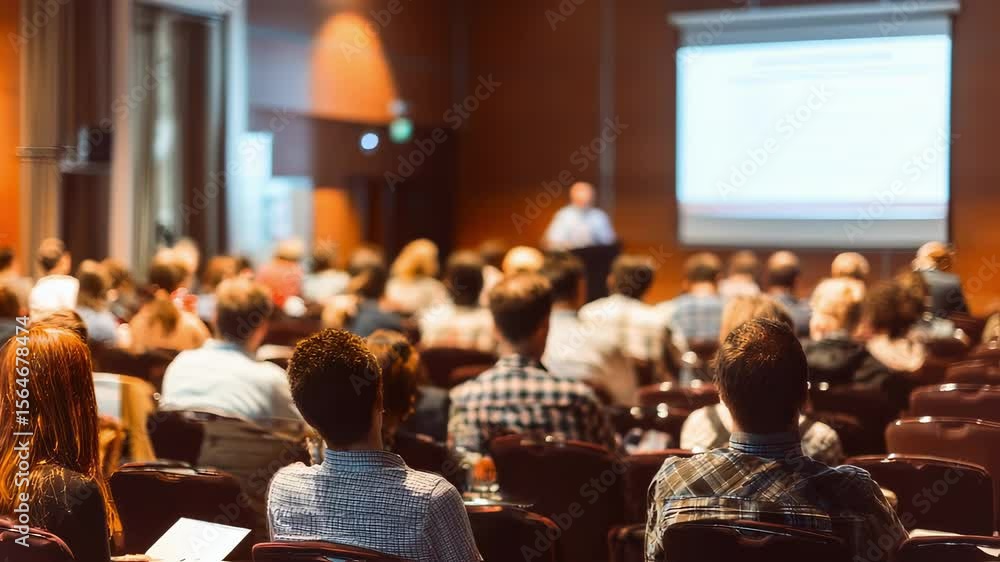 Poster a focused scene of employees attending a presentation at a conference hall with a speaker at the fro