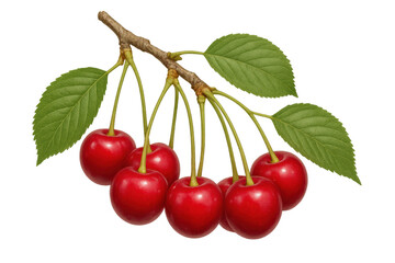 Ripe red cherries clustered on branch, glossy green foliage surrounding plump fruit against transparent backdrop