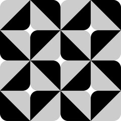 Geometric pattern of tessellated square shapes with rounded corners, each divided diagonally into black and gray triangles.