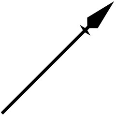 Spear icon, black color flat illustration with sharp, angular head, long lengthy shaft, angled vector graphic with isolated background.
