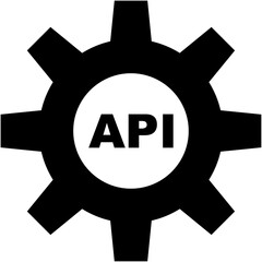 Black gear illustration with the letters API in the center, symbol for software development processes, technology, application programming interfaces and settings with isolated background.