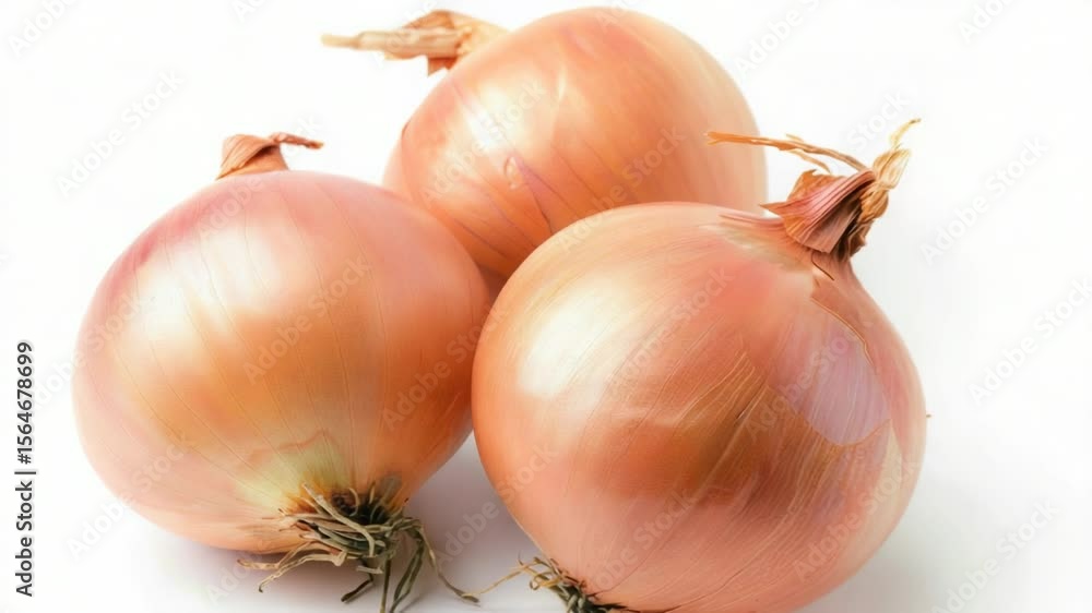 Poster A close-up view of three onions resting on a clean, white surface