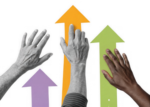 Diverse hands reaching for upward pointing arrows symbolizing growth and progress isolated on transparent background