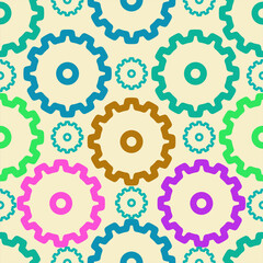 Colorful gear seamless pattern suitable for backgrounds, engineering, technology, mechanics, industrial concepts, and manufacturing companies marketing materials and designs..
