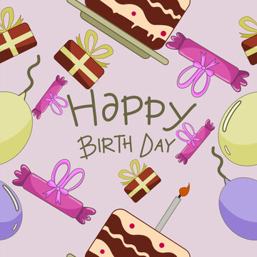 Seamless pattern for happy birthday card with cakes, gifts, and balloons. Perfect for greeting cards, wrapping paper, and decorations.