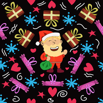 seamless pattern of Cheerful Santa illustration with gifts, hearts, and stars. Perfect for holiday cards, gift wrap, and festive social media posts.