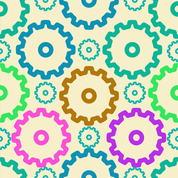 Colorful gear seamless pattern suitable for backgrounds, engineering, technology, mechanics, industrial concepts, and manufacturing companies marketing materials and designs..