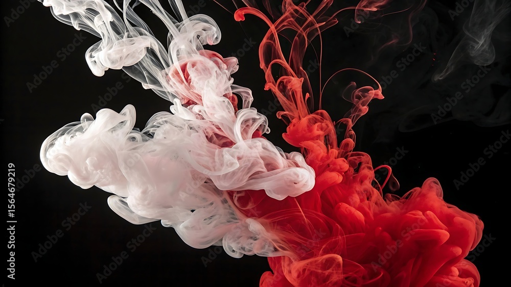 Poster abstract image of red and white ink swirling together against a dark black background creating contr
