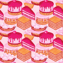 Seamless pattern featuring a variety of decadent desserts like layer cakes, cupcakes, and pastries in shades of pink and beige. Design for bakery branding, fabric designs, or packaging