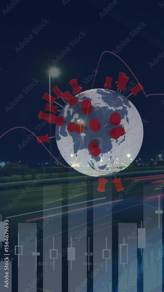 Aufkleber animation of financial data processing over location pins on globe and cityscape