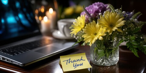 Bright flowers and gratitude notes on a desk by a laptop create a warm, inviting atmosphere in a cozy workspace