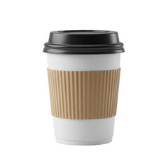 A white disposable coffee cup with a black lid and brown corrugated sleeve isolated on transparent background