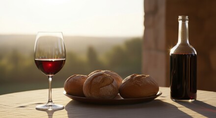 Glass of Red Wine Bread Rolls and Bottle on Table Outdoors