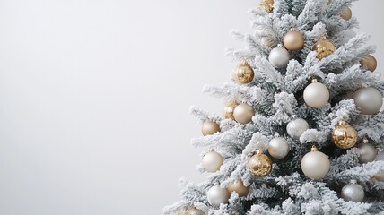 Fototapeta premium Christmas tree decorated with golden and silver baubles on a white background, perfect for holiday projects