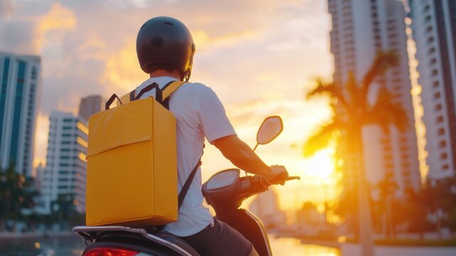 Food delivery driver carrying yellow thermal backpack riding scooter on a city street during sunset