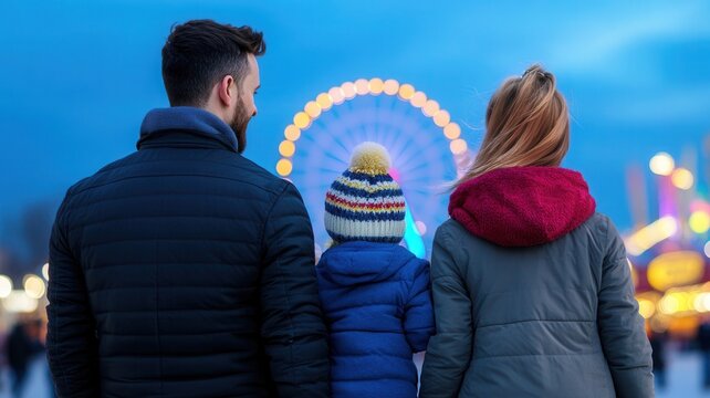 Family holding hands, crossing park bridge during golden sunset, sharing warm moment of togetherness and connection