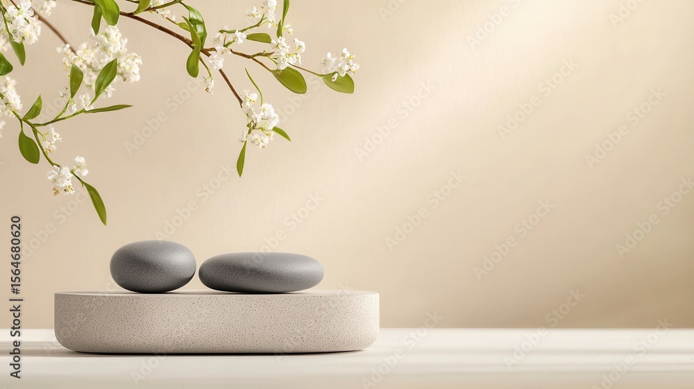 Poster spring background with blooming tree branch, stones on podium and copy space for product presentatio