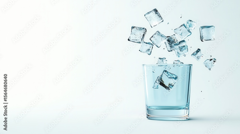 Poster ice cubes are falling and bouncing inside a transparent glass on a light blue background, creating a