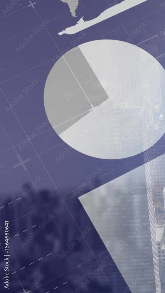Poster financial and statistical data processing against cityscape in background