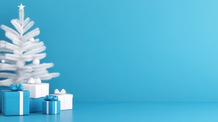 Christmas setting with white tree adorned by blue baubles, accompanied by coordinating blue wrapped presents against soft blue background