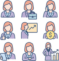 A collection of nine colorful icons depicting a businesswoman in various poses and business situation