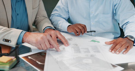 Documents, blueprint and teamwork with hands of business people for meeting, site plan budget and...