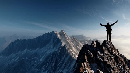 A mountain climber with their arms raised in victory reaching the peak and feeling proud of their individual Psychology emotions concept.