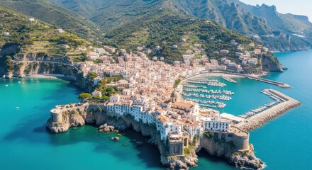Scenic Coastal Village With Terraced Hillsides And A Blue Ocean