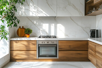 Bright modern kitchen with wooden cabinets, marble walls, built-in oven and natural sunlight