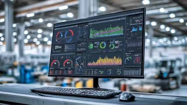 High tech factory leverages software to display real time data analysis and key performance indicators - kpis - on a computer screen