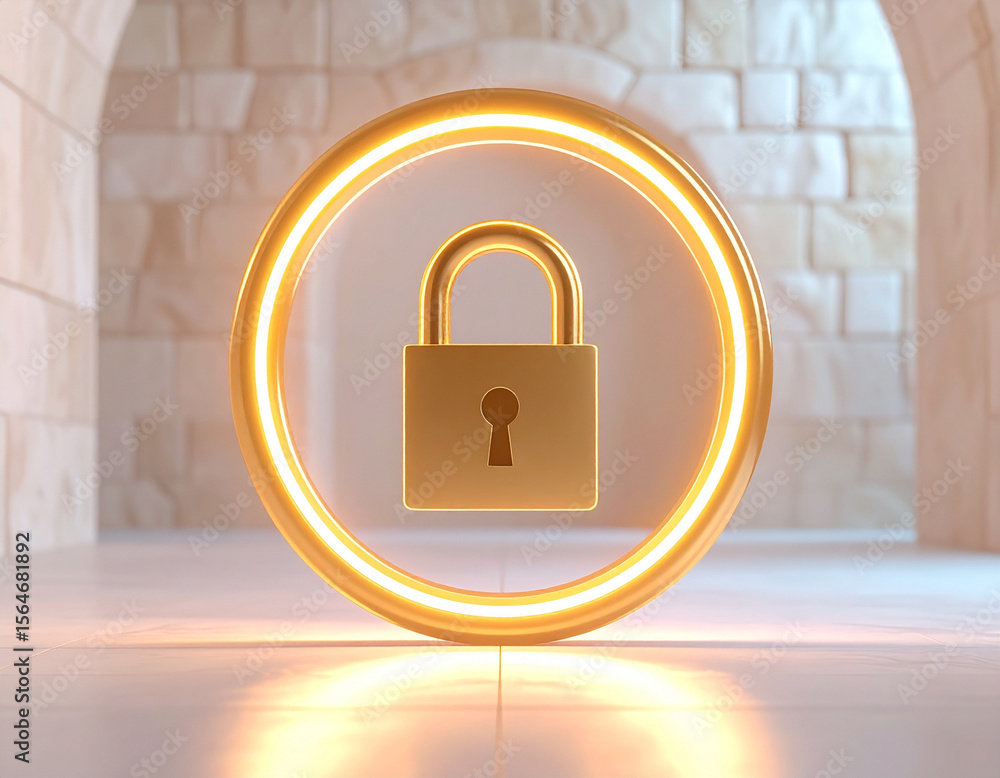 Poster a minimalist 3d rendering of a golden padlock with a keyhole, set within a glowing circular frame, p