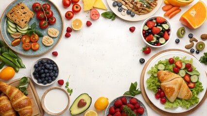 Blank Background Surrounded by Colorful Fruits and Vegetables. White Space for Text.