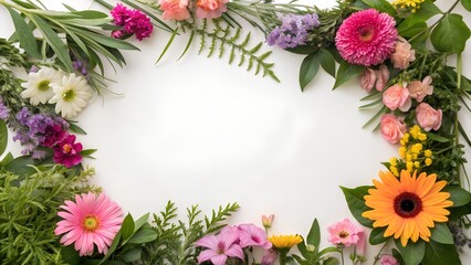 Blank Background Surrounded by Colorful Flowers and Plants. White Space for Text.