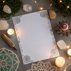 Tabletop View with Blank Space for Text Surrounded by Spiritual and Mystic Elements.