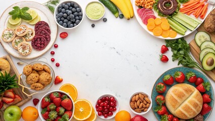 Blank Background Surrounded by Colorful Fruits and Vegetables. White Space for Text.