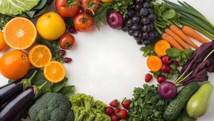 Blank Background Surrounded by Colorful Fruits and Vegetables. White Space for Text.