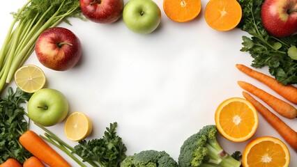 Blank Background Surrounded by Colorful Fruits and Vegetables. White Space for Text.